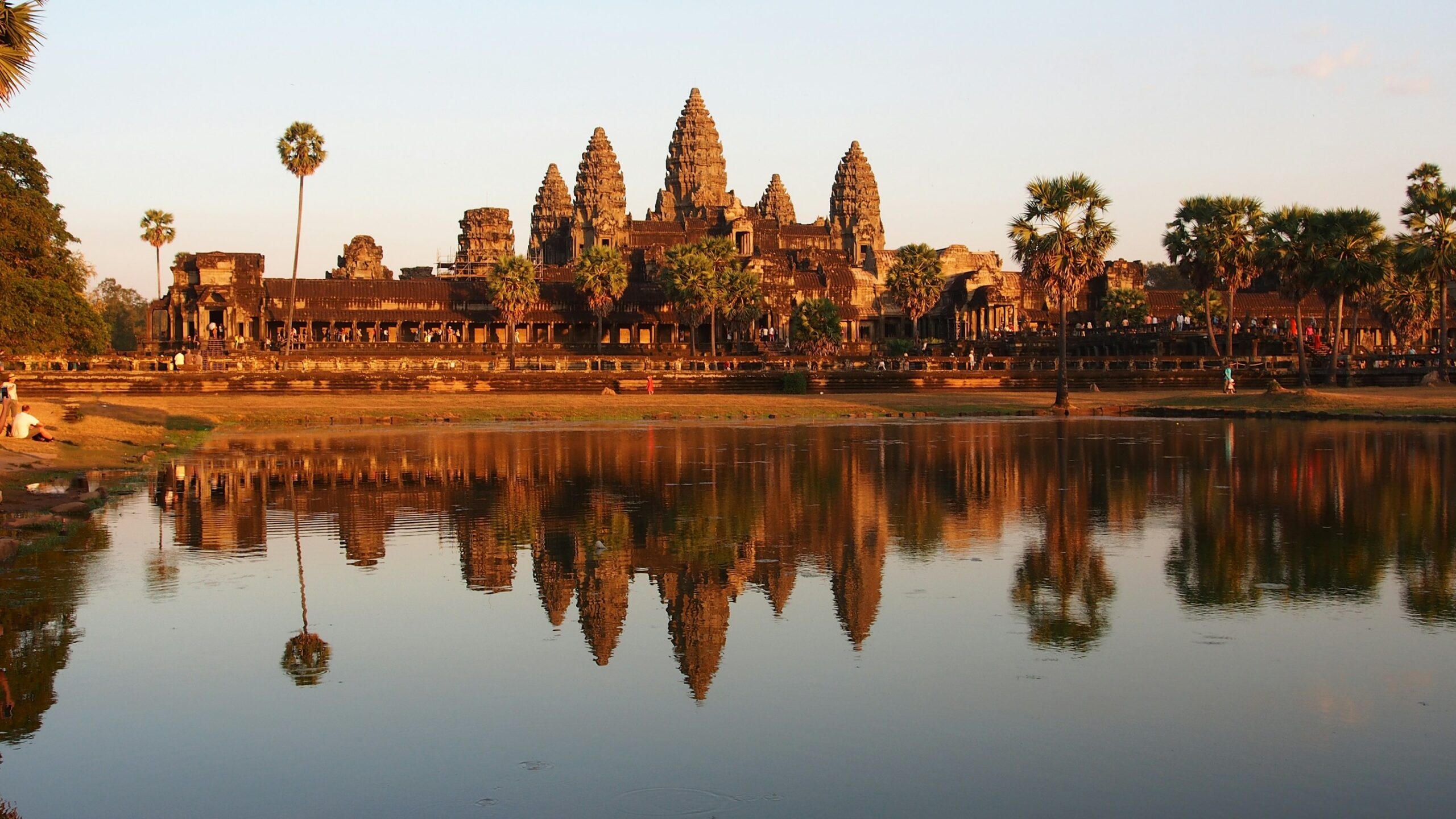Angkor Wat reflected in the lotus pond at sunset, Cambodia